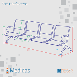 Cadeira Longarina 4 Lugares Preta sem Estofado - 4