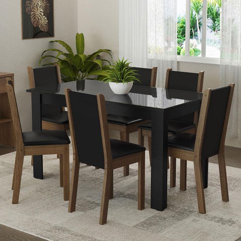 Conjunto Sala de Jantar Mesa Tampo de Vidro 6 Cadeiras Preto/rustic Heloísa Madesa