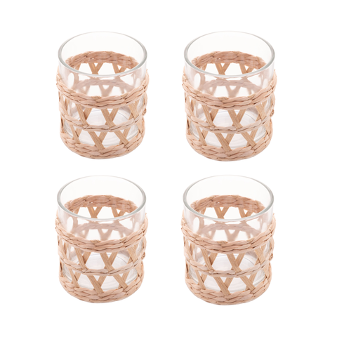 Conjunto 4 Copos de Vidro Wolff Baixos com Sisal 320ml Fibra Natural Mesa Posta Rústica