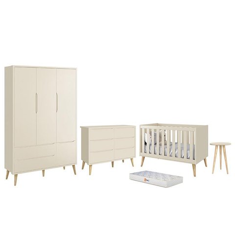 Dormitório Infantil Theo 3 Portas, Cômoda 6 Gavetas, Berço, Mesa de Canto Areia Fosco com Pés