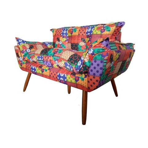 Namoradeira Decorativa Opala Suede Patchwork 2 Lugares Pés Madeira Ms Decor