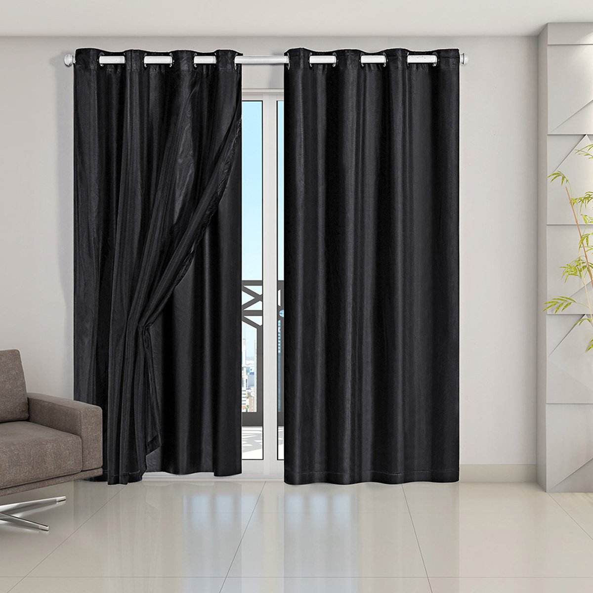 Cortina 100% Blackout C/ Tecido Voil 2,80m X 2,30m Blecaute Pvc Sala Quarto Janela Corta Luz Preto