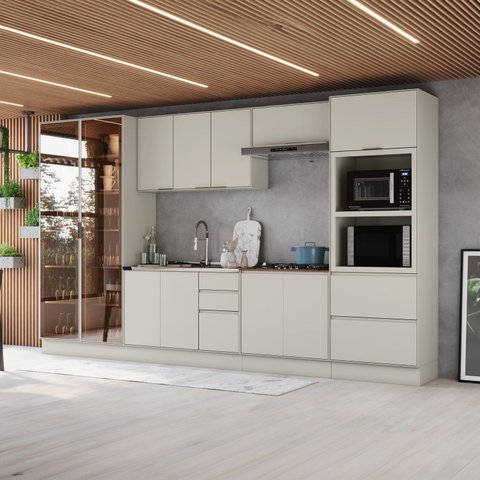 Cozinha Completa 7 Peças 100% MDF com Cristaleiras 2 Portas e Torre Quente 2 Fornos Fineze