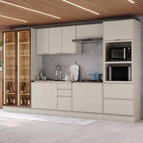 Cozinha Completa 7 Peças 100% MDF com Cristaleiras 2 Portas e Torre Quente 2 Fornos Fineze