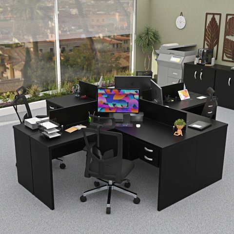 Estação de Trabalho com 4 Escrivaninhas em L Office Preto