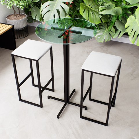 Conjunto Mesa Alta Bar Bistrô Redonda Vidro 2 Bancos Estofado Don Castro Decor