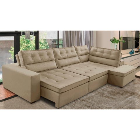Sofá de Canto Retrátil e Reclinável com Molas Ld 3,00x2,00m Viviane Suede Bege
