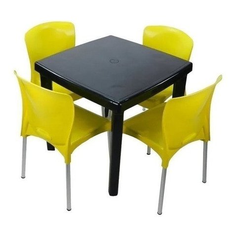 Conjunto 1 Mesa Quadrada E 4 Cadeiras Com Pés De Alumínio:Preto e Amarelo