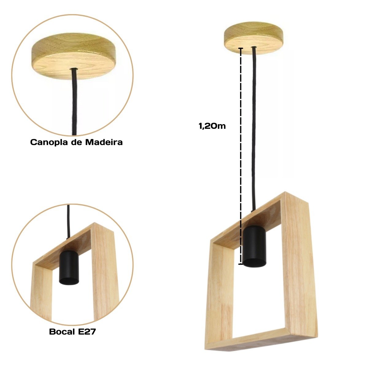 Lustre Pendente Rústico Formato Quadro em Madeira Canopla Regulável 1,20m para Teto Fio Pp Bocal Soq - 2