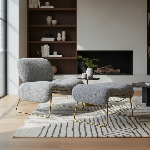 Kit Poltrona e Puff Calm Versátil Boucle Zahav Estofados:bouclé Cinza