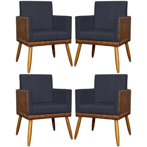 Kit 4 Poltronas para Sala Modernas Lis Corino e Suede Cores Pé 30cm - Preto, Suede/corino