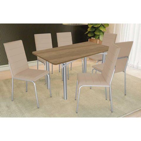 Conjunto: Mesa Sala Jantar Elba C/ Tampo de Madeira 160cm e 6 Cadeiras Amsterdã Cromada/nogueira -