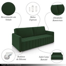 Sofá-cama Decorativo Retrátil Thanos 2 Lugares 192cm Veludo Verde G45 - Gran Belo - 3