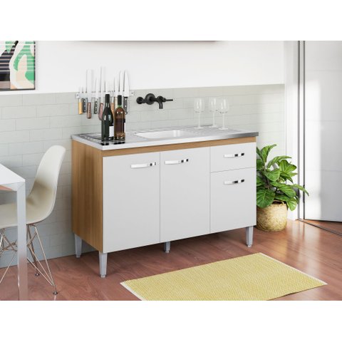 Balcão Gabinete P/ Pia Gabriela sem Tampo 120 Cm Ajl Móveis - Amêndoa/branco