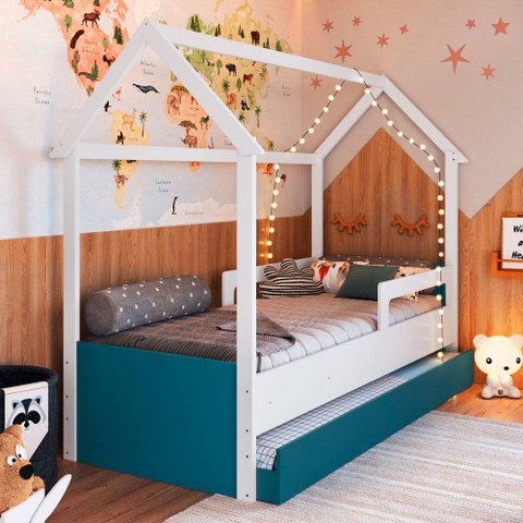 Cama Infantil Montessoriana sem Colchão com Cama Auxiliar Branco/Azul Secreto - Completa Móveis