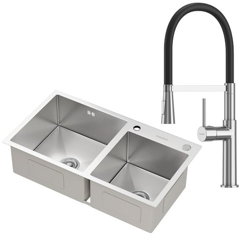 Kit Cuba Dupla Gourmet Nápoles Aço Inox 304 e Torneira Gourmet Bélgica Monocomando Goldenx