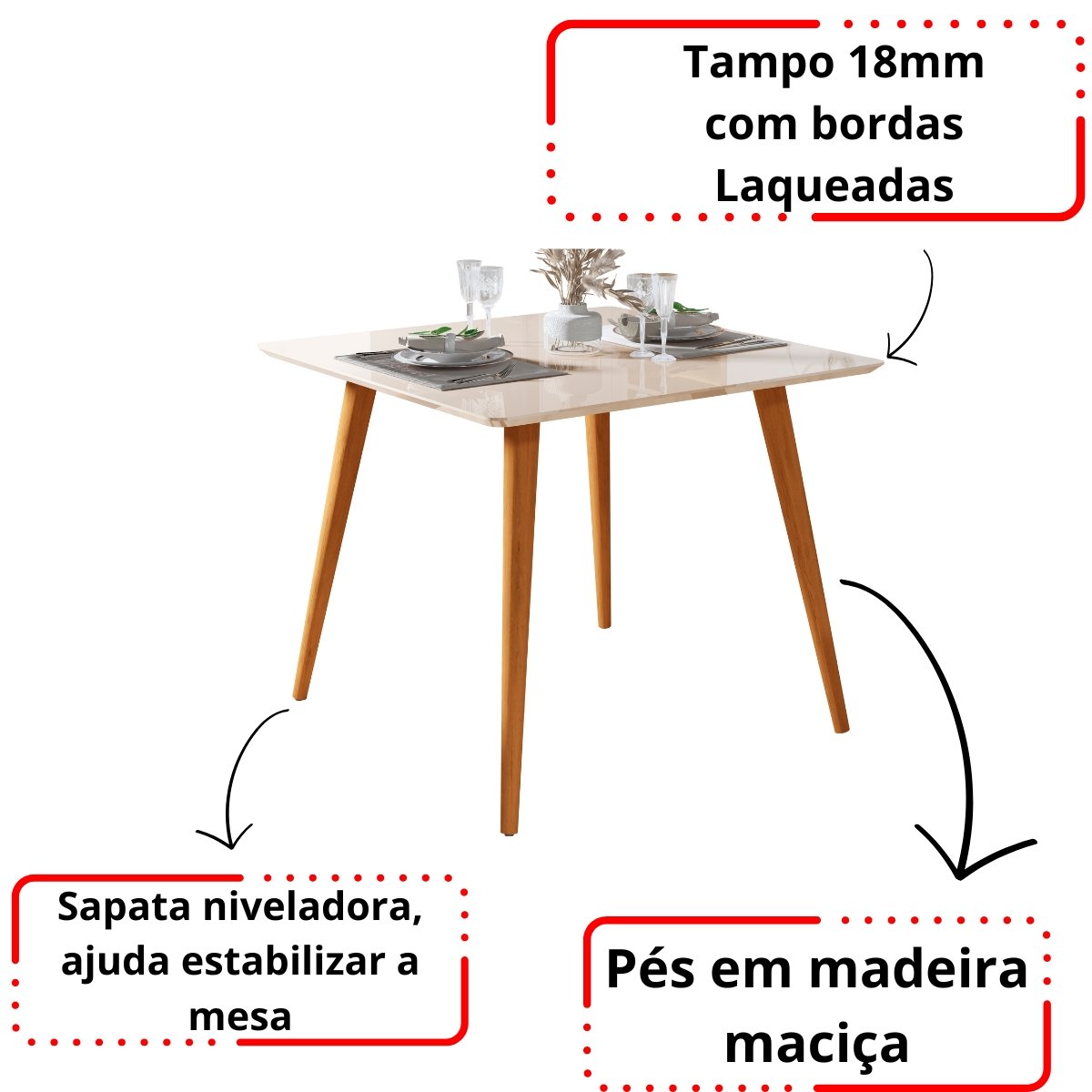 Mesa de Jantar Industrial Off White 4 Lugares Tampo 90x90 Pés em Madeira - 6