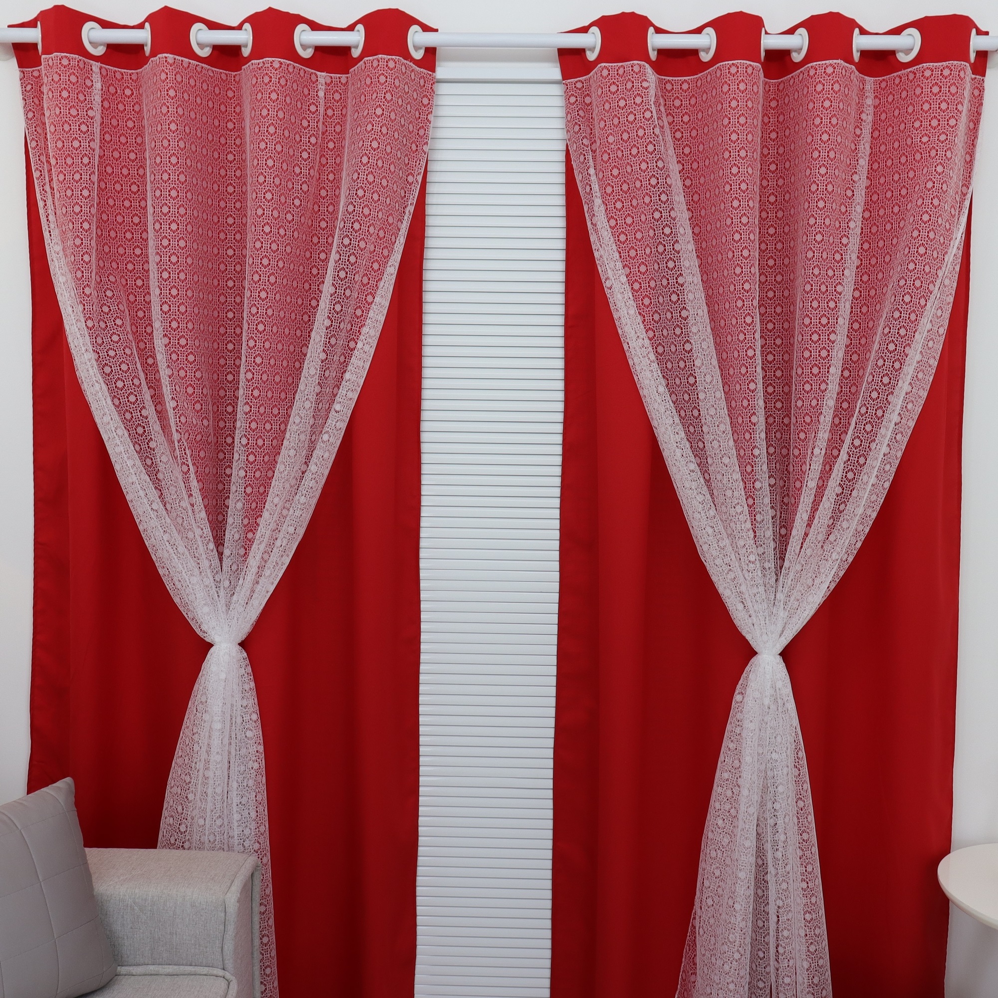 Ver imagem 1 de Cortina De Tecido Com Renda 3,00 X 2,30 Para Sala/quarto:Vermelho