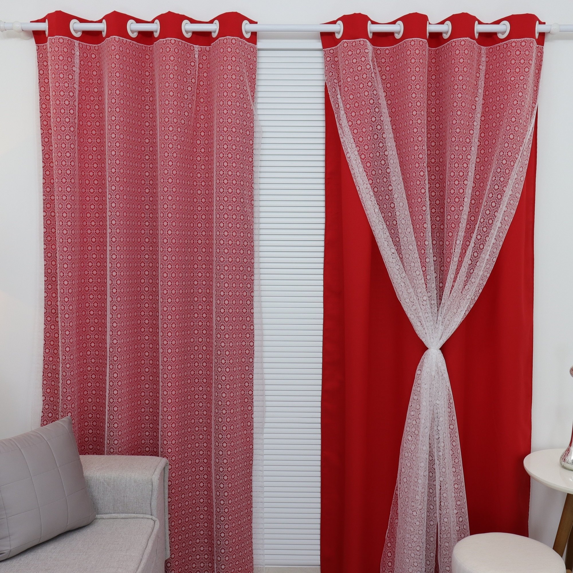 Cortina De Tecido Com Renda 3,00 X 2,30 Para Sala/quarto:Vermelho - 3