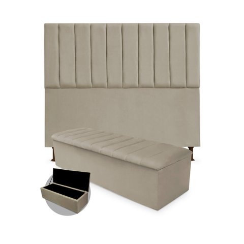 Kit Cabeceira + Calçadeira Baú Cancun King Size 195cm Suede - Ecotec Decor:Bege
