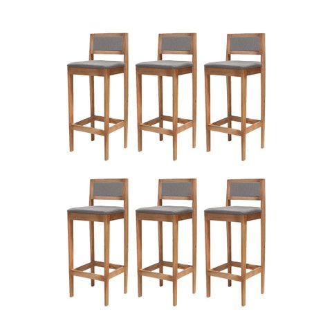 Kit 6 Banquetas Madeira Mel com Linho Cinza para Balcão com Encosto Estofado