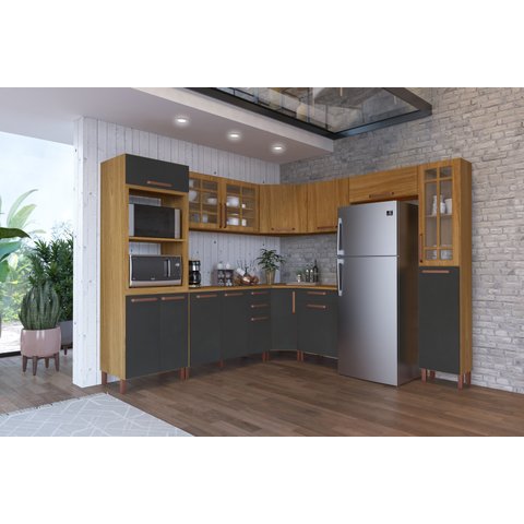 COZINHA COMPLETA PREDILLETA ALINE MODULADA 9 PECAS 517 CM 15 PORTAS 3 GAVETAS COM TAMPO FREIJO CHUMB