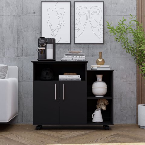 Armário Organizador para Sala 2 Portas com Nicho Superior Preto – Estante Decorativa