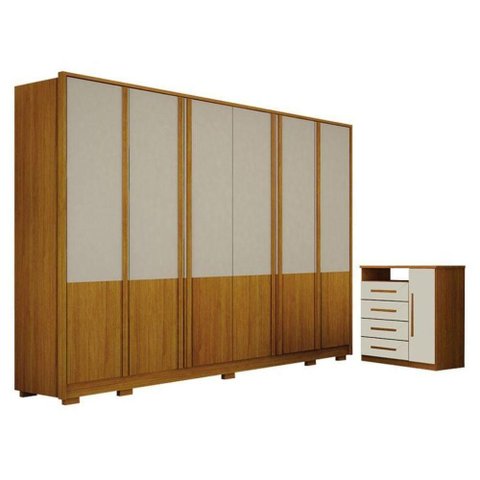 Guarda Roupa Casal Urban 6 Portas com Cômoda Diamante 4 Gavetas 1 Porta Cinamomo Off White - Leifer
