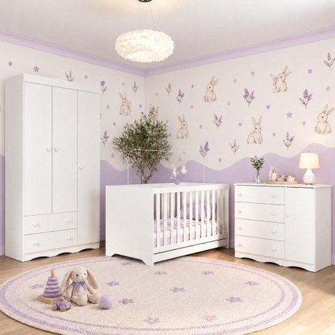 Quarto de Bebê Completo com Berço Americano 3 em 1 e Colchão Incluso Flor Multimóveis MP4953