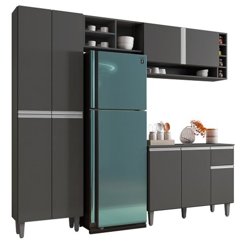 Cozinha Modulada 230cm 5 Portas 5 Prateleiras 1 Gaveta 8 Nichos Vanessa Cinza Fosco - AJL Móveis