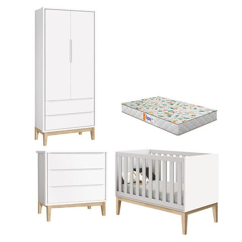 Quarto de Bebê 2 Portas e Cômoda Gaveteiro New Classic Branco com Pés Madeira Natural e Colchão Gazi