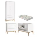 Ver imagem 1 de Quarto de Bebê 2 Portas e Cômoda Gaveteiro New Classic Branco com Pés Madeira Natural e Colchão Gazi
