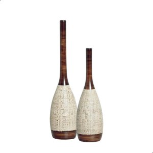Decoração de Sala Dupla Vaso Tulipa de Cerâmica Marrom e Palha Ganash