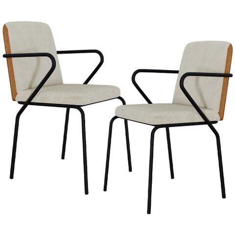 Kit 02 Cadeiras Estofada para Sala de Jantar com Braço Loft Preto C01 Bouclê Vanilla Courino