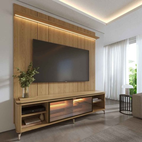 Rack com Painel para TV até 85 Polegadas Vidro Reflecta 100% MDF LED Lincoln Float 215cm Carvalho
