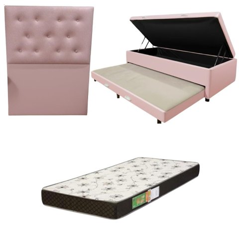 Cama Box Baú Solteiro com Auxiliar (Bicama) + Colchão Solteiro Espuma D20 12cm | Kit Completo com Ca