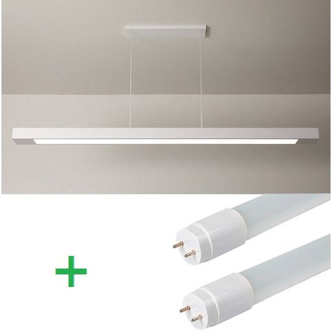 Luminária Pendente Retangular 125cm Branco + 2 Lâmpada TuboLED 18w - Branco Quente 3000k