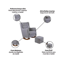 Poltrona Amamentação Balanço com Puff Versão Premium Itália Tecido Veludo Cinza - 3