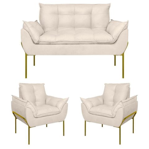 Kit 2 Poltronas + Namoradeira Pé Metal Dourado Recepção Sala Bege