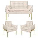 Ver imagem 1 de Kit 2 Poltronas + Namoradeira Pé Metal Dourado Recepção Sala Bege