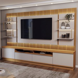 Estante para TV Até 70 Polegadas Horizonte 2 Portas 2 Gavetas Ripado com Led Tauari/Off White Fosco 