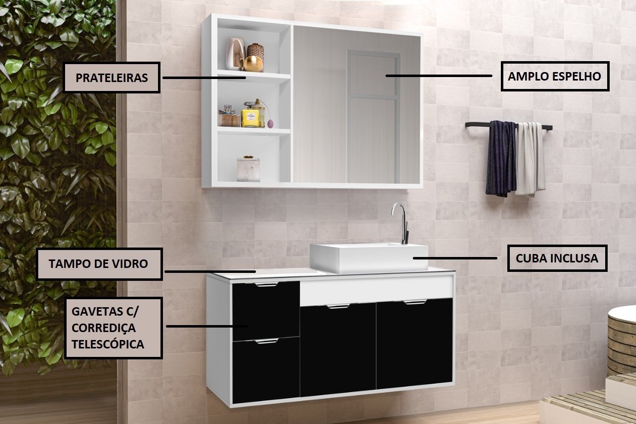 Conjunto Gabinete Banheiro C/ Espelheira - Cj Turin 80 Cm C/ Tampo de Vidro - Branco / Preto - 2