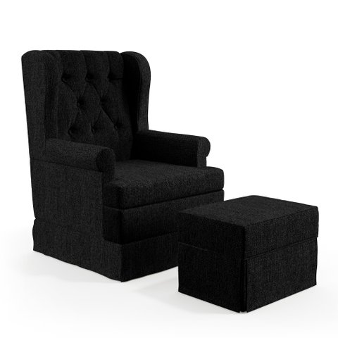 Poltrona de Amamentação com Balanço e Puff P02 Capitonê Linho Chumbo - Lyam Decor