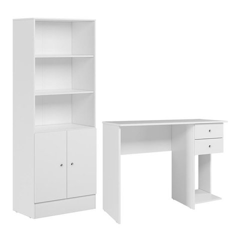 Conjunto Home Office com Armário 2 Portas e Mesa Escrivaninha Branco - Qmovi