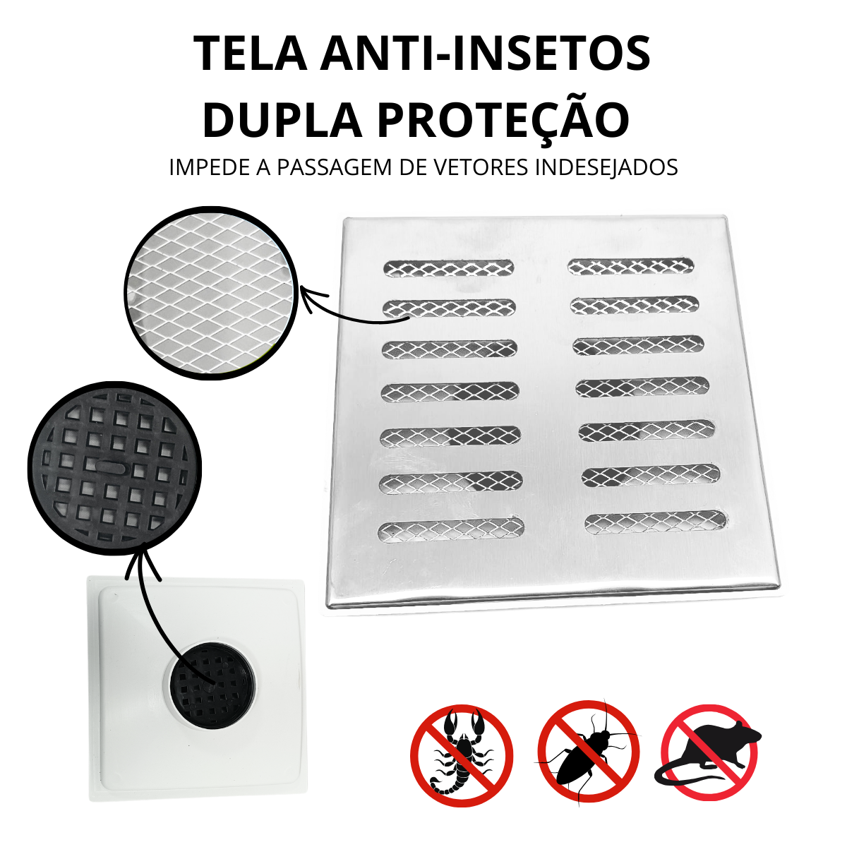 Ralo Anti Cheiro 20x20 Inox 304 Tradicional Coletor Branco Saída de 100mm Telas Anti Insetos - 4