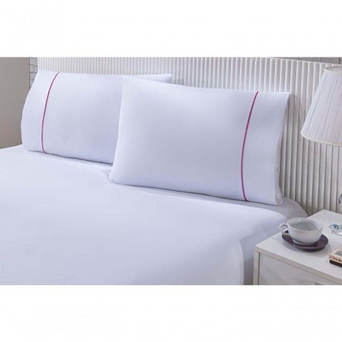 Jogo de Cama 100% Algodão Percal 150 Fios Solteiro Gran Moratta 2 Peças - Branco e Detalhe Rosa