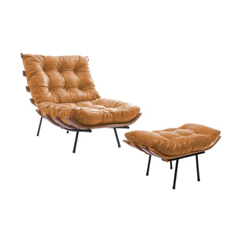 Poltrona Costela com Puff Couro Natural Legitimo Caramelo
