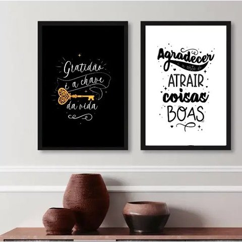 Kit 2 Quadros Gratidão e Agradecer- a Chave do Sucesso 24x18cm:madeira Branca
