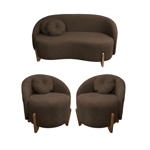 Kit 01 Sofá + 02 Poltronas Orgânicos c/ Almofadas Curvo Sala Recepção Amsterdã Boucle Marrom