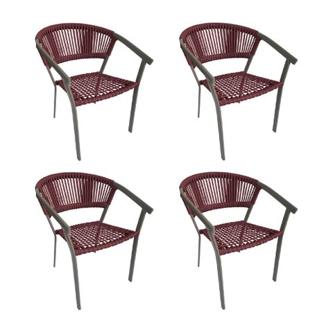 Kit 4 Cadeiras Gourmet Corda Náutica Vermelho Bordô Base Alumínio Sofia Linha Plus